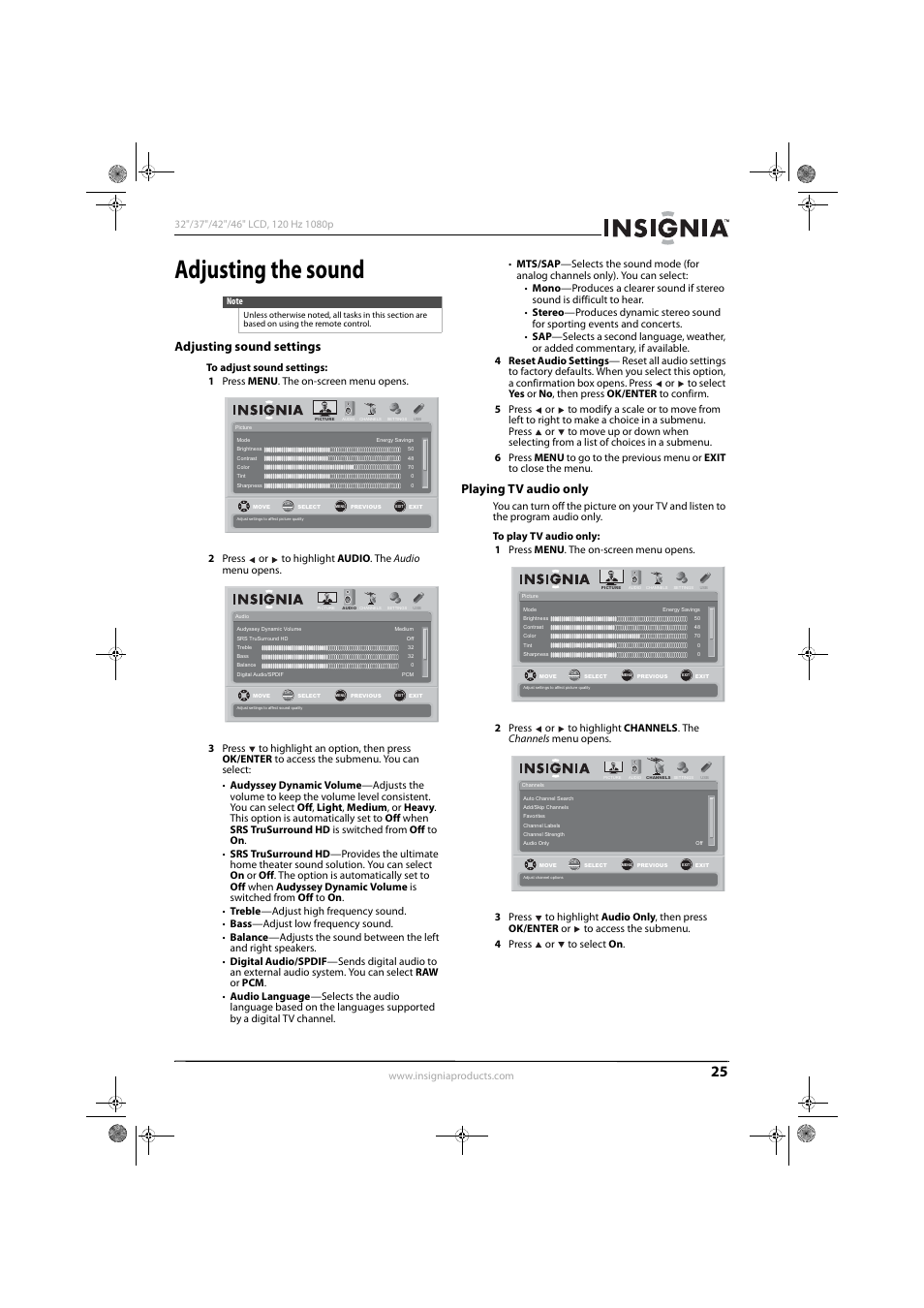 Adjusting the sound, Adjusting sound settings, Playing tv audio only | 25 f, Ion see “adjusting sound settings” on | Konica Minolta NS-42L550A11 User Manual | Page 29 / 65