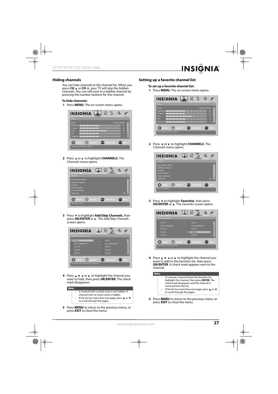 Hiding channels, Setting up a favorite channel list, Setting up a favorite channel list” on | Konica Minolta NS-42L550A11 User Manual | Page 31 / 65