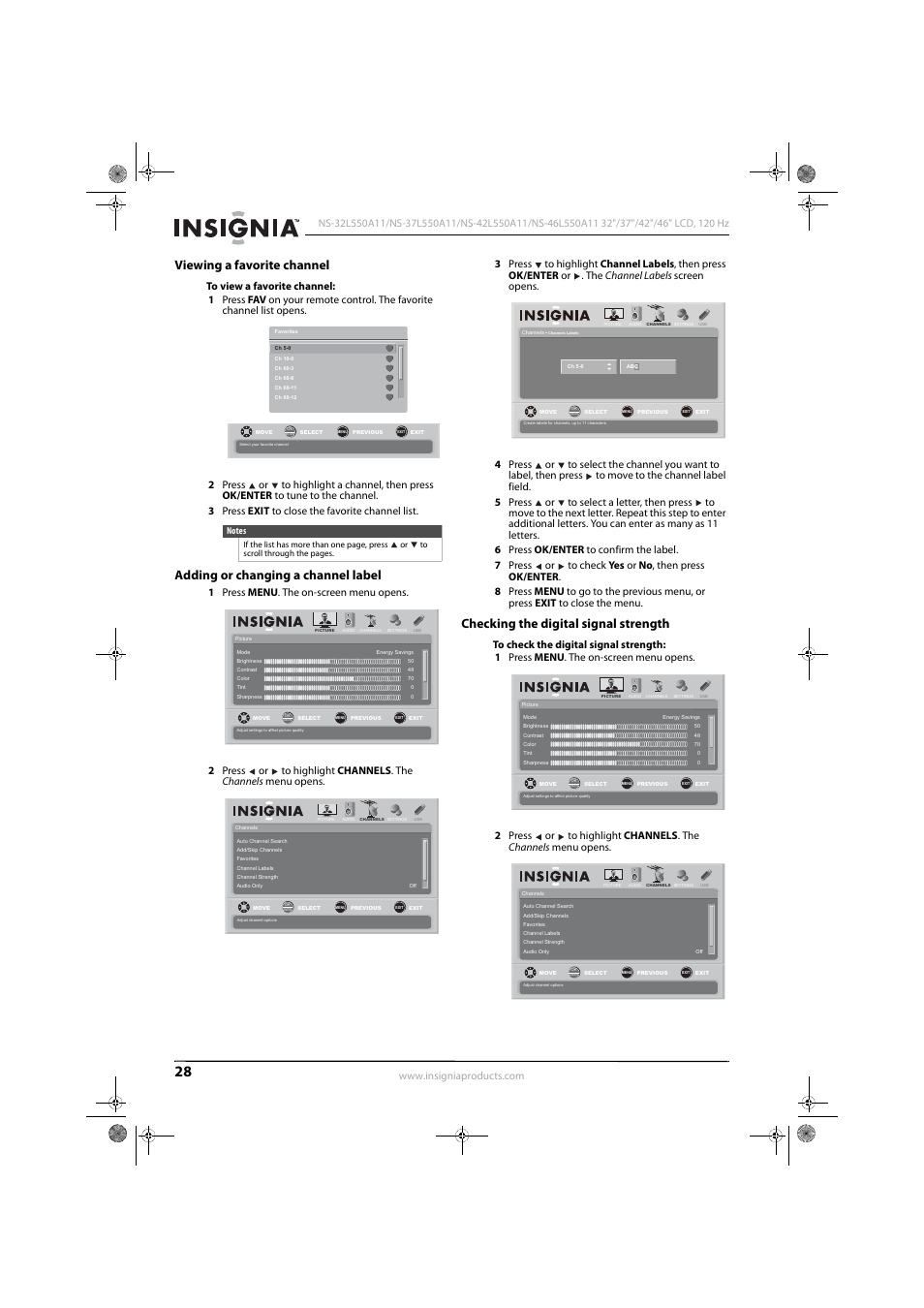 Viewing a favorite channel, Adding or changing a channel label, Checking the digital signal strength | Konica Minolta NS-42L550A11 User Manual | Page 32 / 65