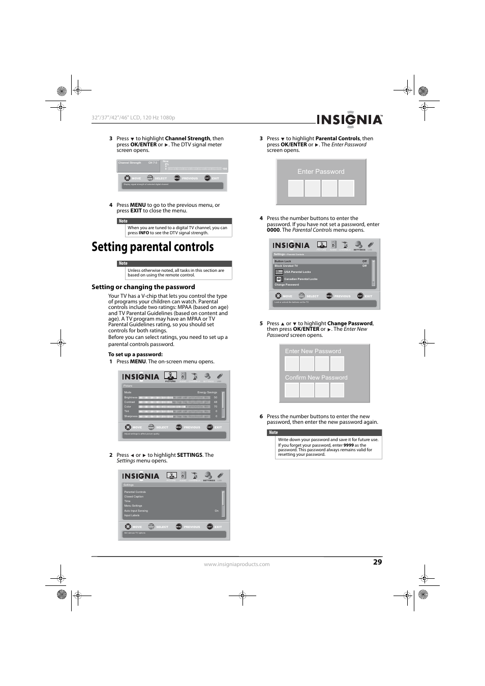 Setting parental controls, Setting or changing the password, Enter password | Enter new password confirm new password | Konica Minolta NS-42L550A11 User Manual | Page 33 / 65