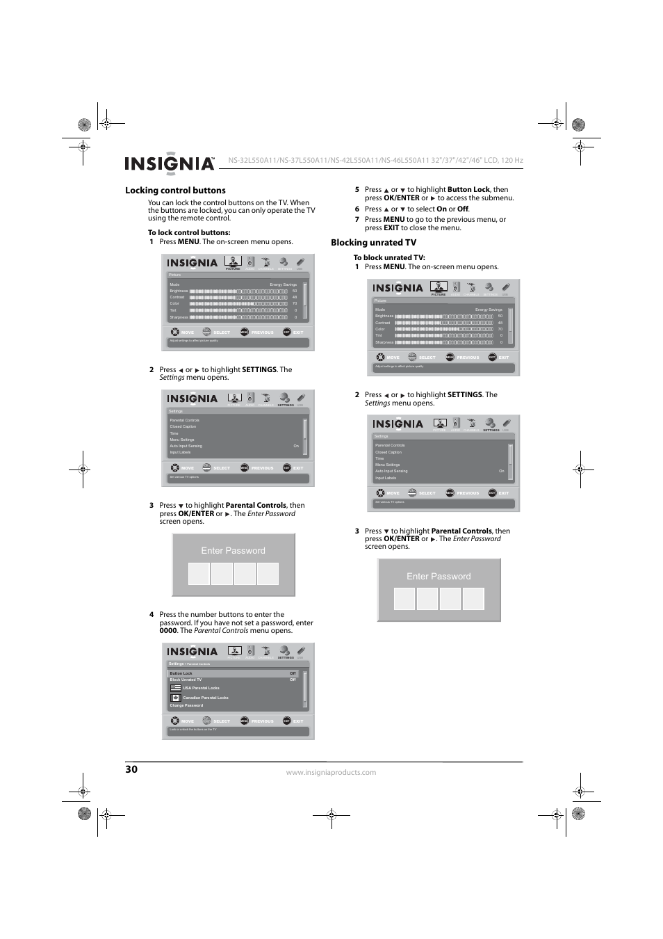 Locking control buttons, Blocking unrated tv, Enter password | Konica Minolta NS-42L550A11 User Manual | Page 34 / 65
