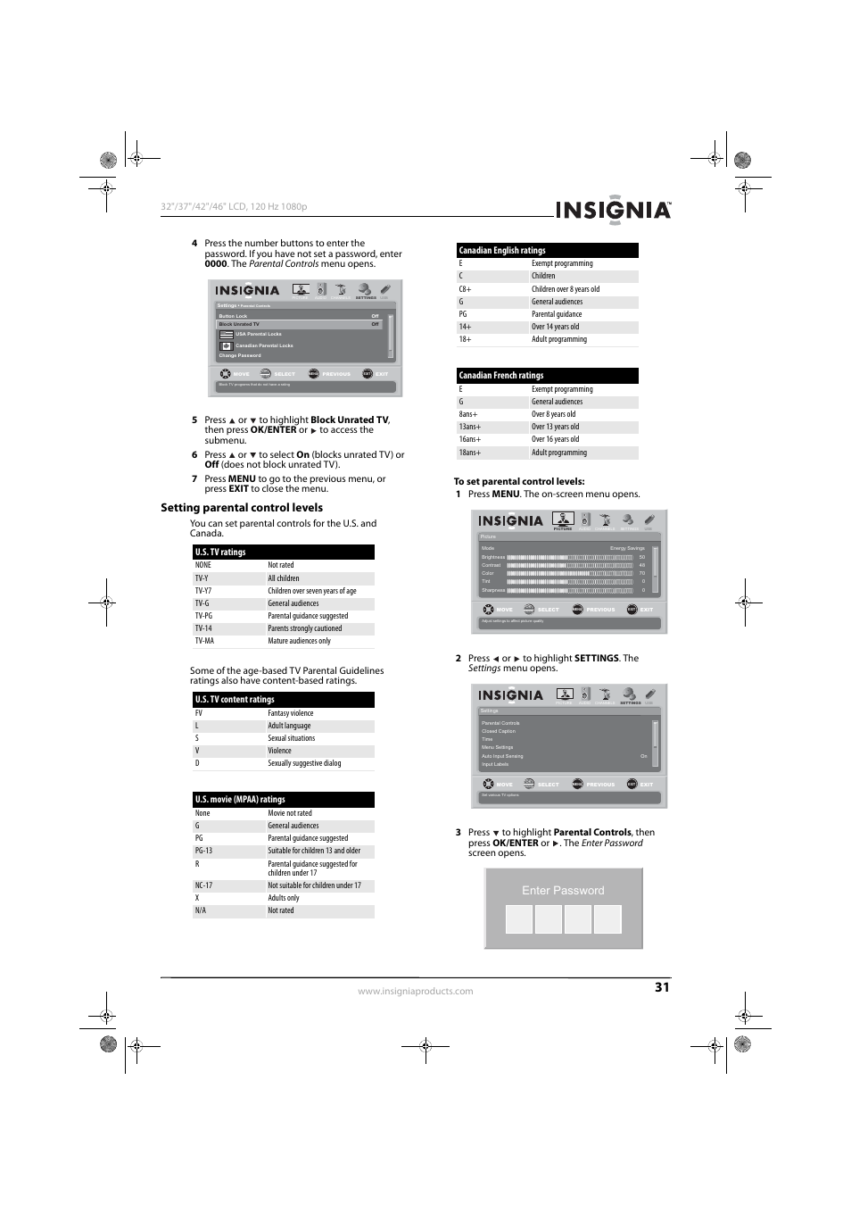 Setting parental control levels, Enter password | Konica Minolta NS-42L550A11 User Manual | Page 35 / 65