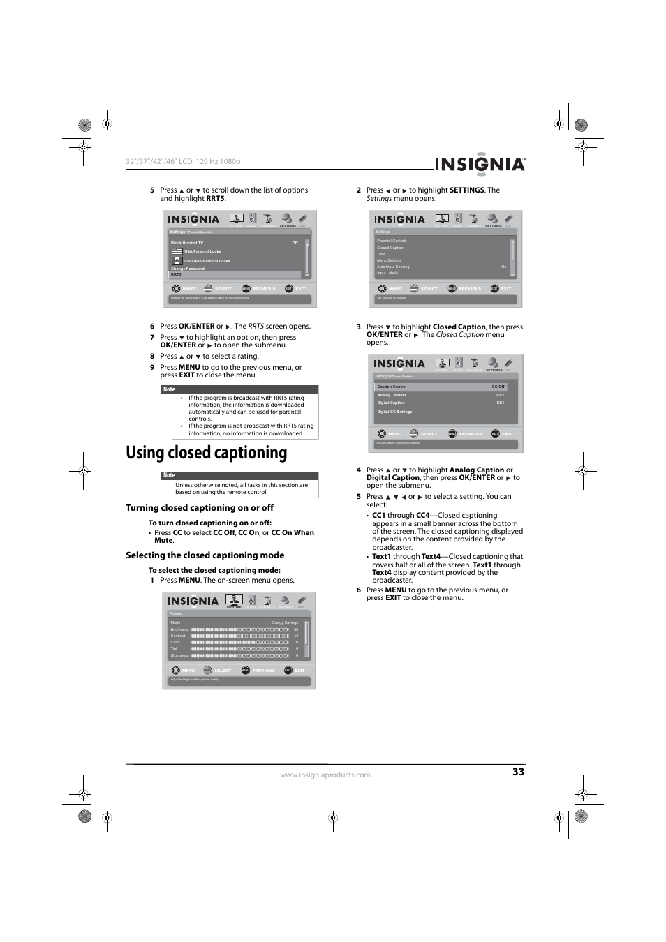 Using closed captioning, Turning closed captioning on or off, Selecting the closed captioning mode | Konica Minolta NS-42L550A11 User Manual | Page 37 / 65