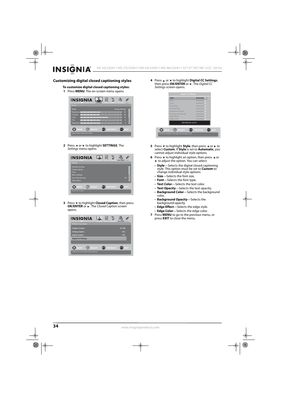 Customizing digital closed captioning styles | Konica Minolta NS-42L550A11 User Manual | Page 38 / 65