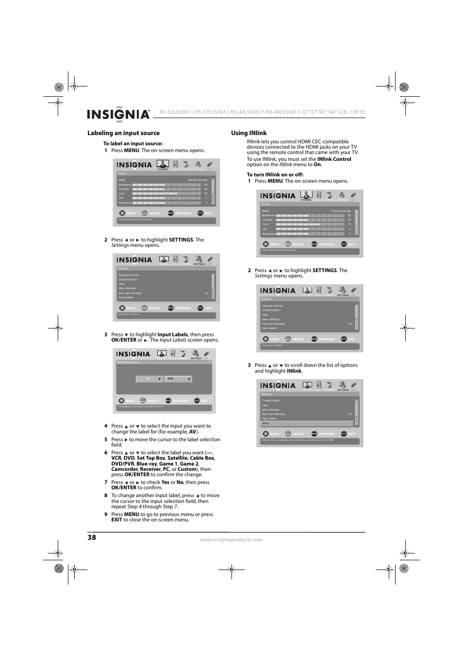 Labeling an input source, Using inlink | Konica Minolta NS-42L550A11 User Manual | Page 42 / 65