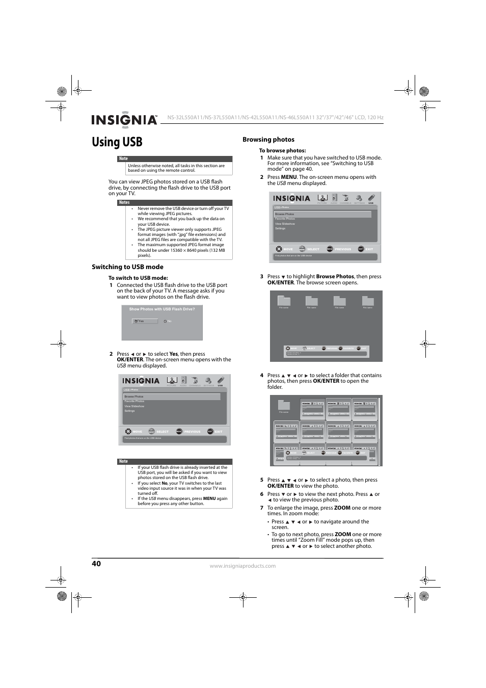 Using usb, Switching to usb mode, Browsing photos | Konica Minolta NS-42L550A11 User Manual | Page 44 / 65