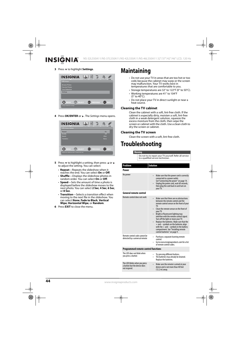 Maintaining, Cleaning the tv cabinet, Cleaning the tv screen | Troubleshooting | Konica Minolta NS-42L550A11 User Manual | Page 48 / 65