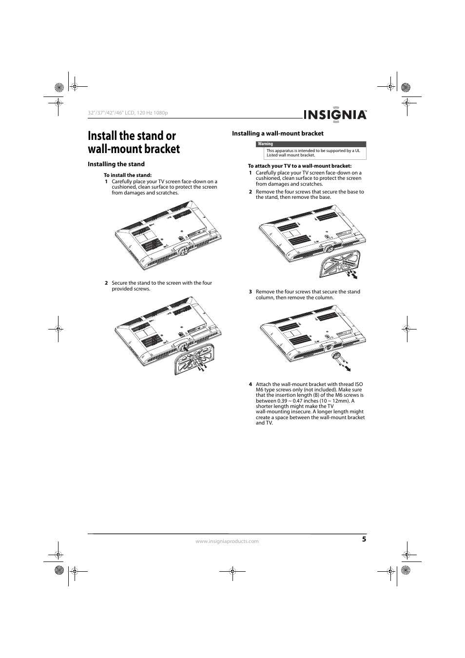 Install the stand or wall-mount bracket, Installing the stand, Installing a wall-mount bracket | Konica Minolta NS-42L550A11 User Manual | Page 9 / 65