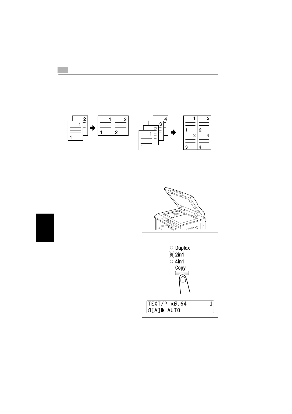 1 single-sided copies, Specifying settings for 2in1 (or 4in1) copies, Using the original glass | Single-sided copies -2 | Konica Minolta bizhub 180 User Manual | Page 135 / 256