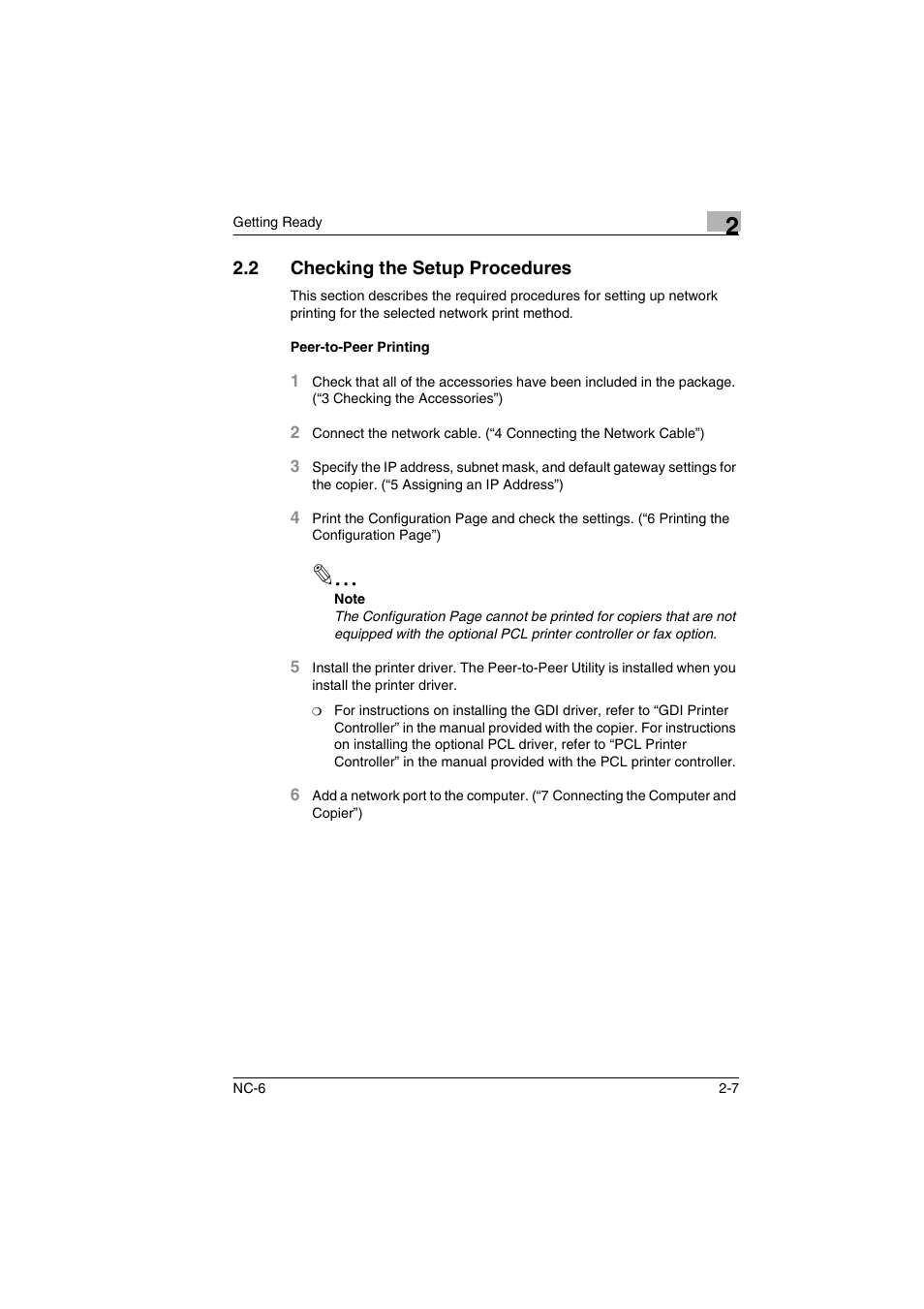 2 checking the setup procedures, Peer-to-peer printing, Checking the setup procedures -7 | Peer-to-peer printing -7 | Konica Minolta NC-6 User Manual | Page 14 / 50