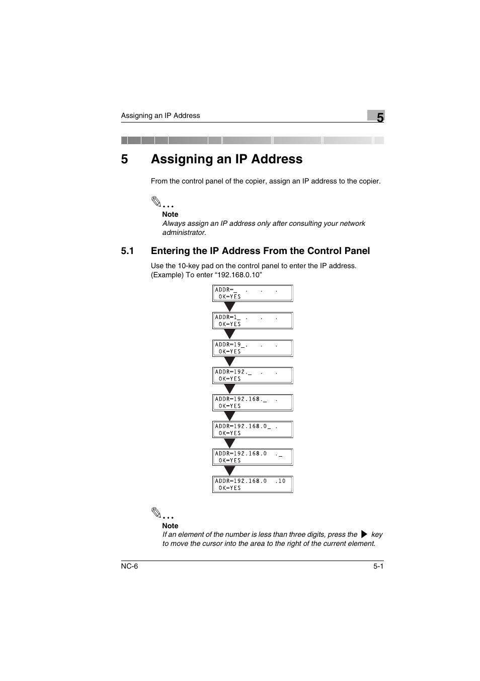5 assigning an ip address, 1 entering the ip address from the control panel, Assigning an ip address | Entering the ip address from the control panel -1, 5 assigning an ip address”), 5assigning an ip address | Konica Minolta NC-6 User Manual | Page 22 / 50