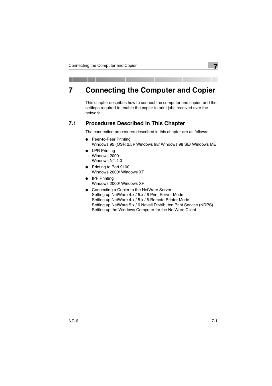 7 connecting the computer and copier, 1 procedures described in this chapter, Connecting the computer and copier | Procedures described in this chapter -1, Er. (“7 connecting the computer and copier”), Er. (“7 connecting the computer and copier, 7connecting the computer and copier | Konica Minolta NC-6 User Manual | Page 28 / 50