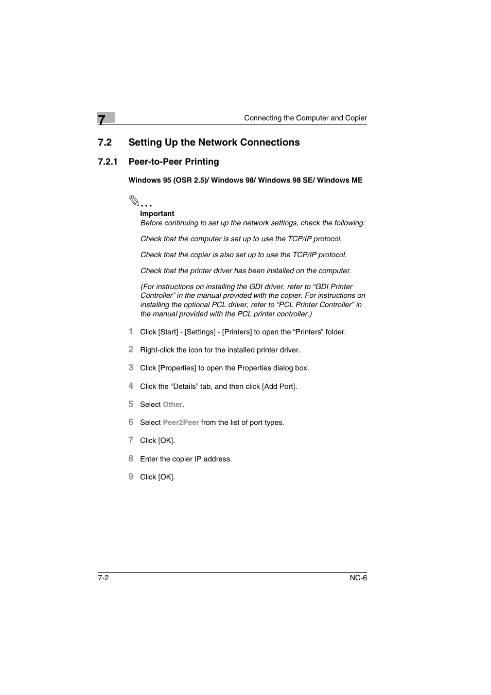 2 setting up the network connections, 1 peer-to-peer printing, Setting up the network connections -2 | Konica Minolta NC-6 User Manual | Page 29 / 50