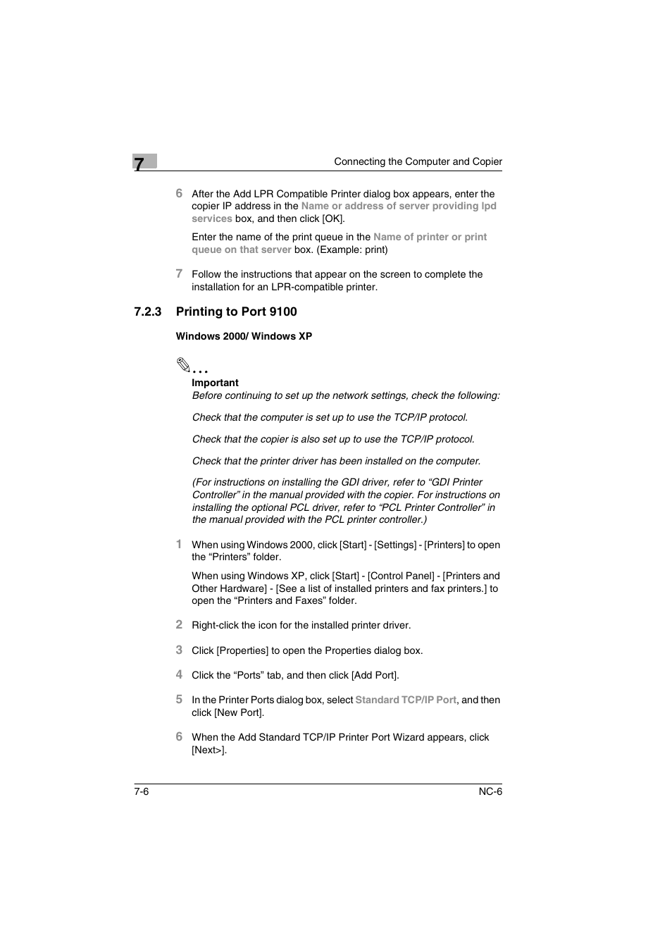 3 printing to port 9100, Windows 2000/ windows xp | Konica Minolta NC-6 User Manual | Page 33 / 50