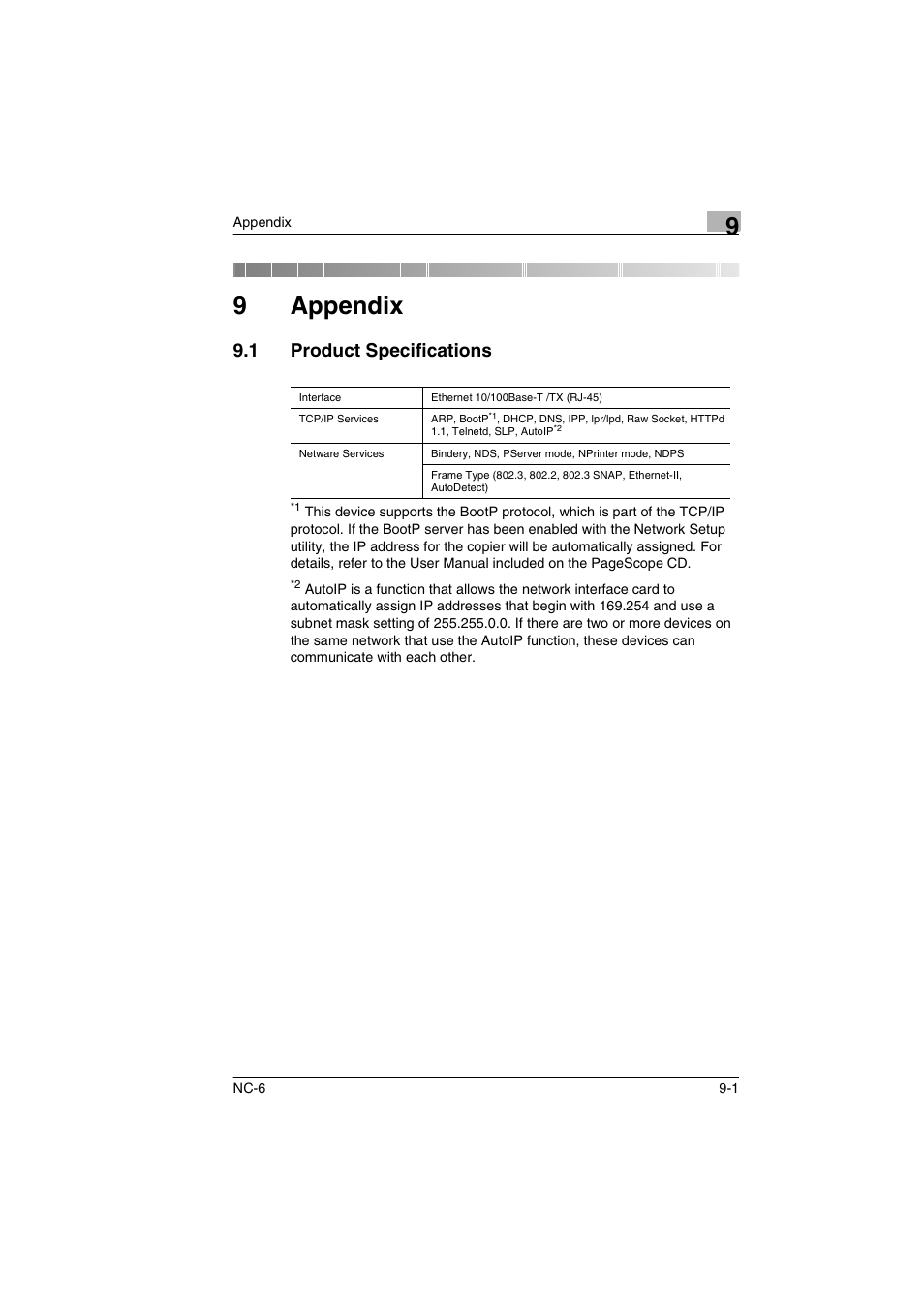 9 appendix, 1 product specifications, Appendix | Product specifications -1, 9appendix | Konica Minolta NC-6 User Manual | Page 48 / 50