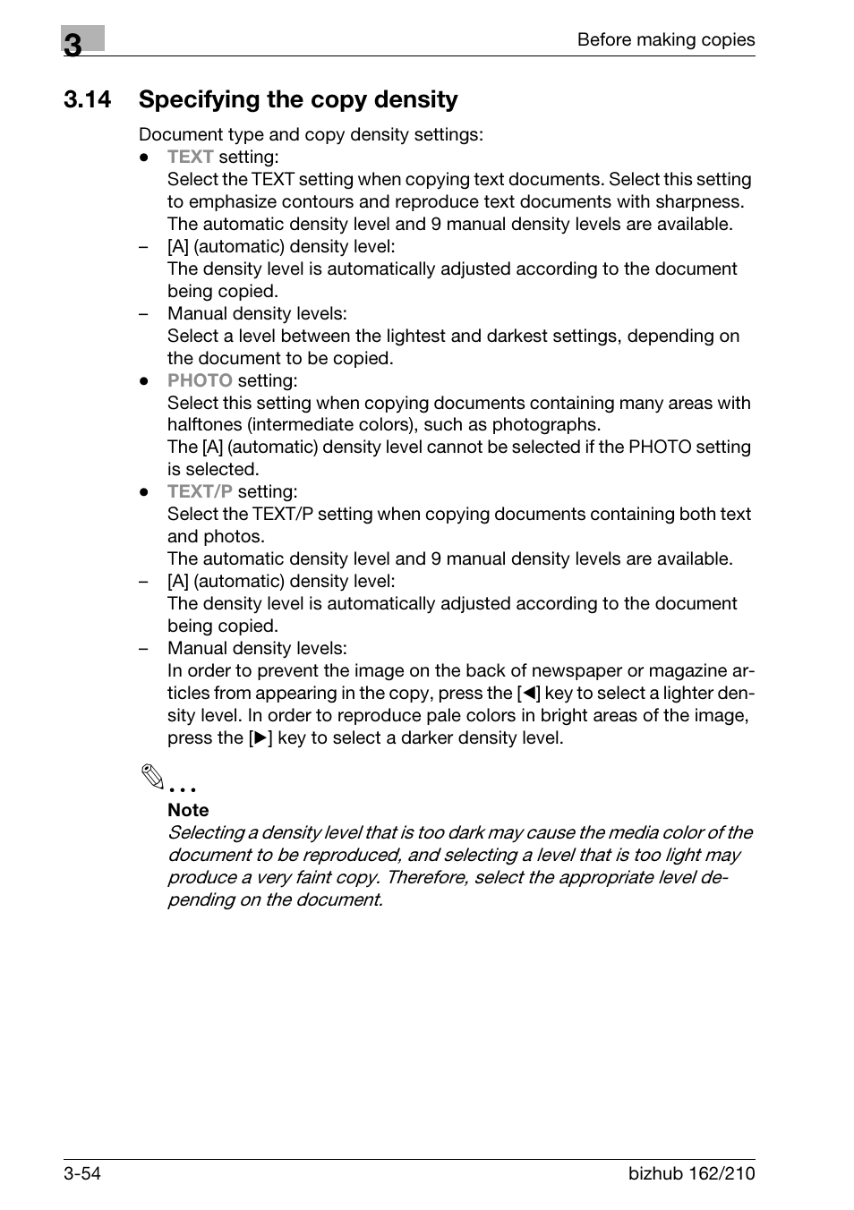 14 specifying the copy density, Specifying the copy density -54 | Konica Minolta BIZHUB 210 User Manual | Page 100 / 256