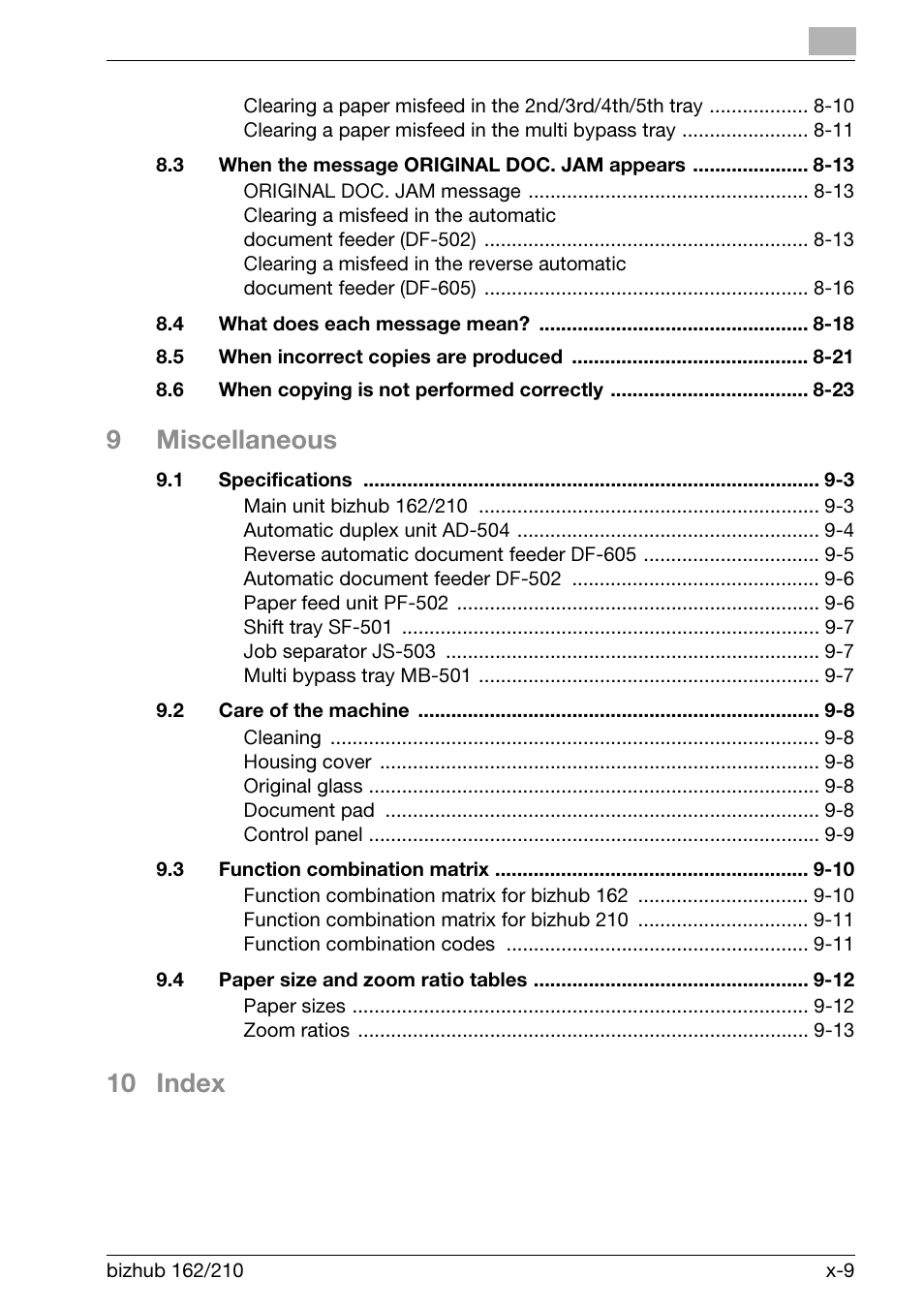 9miscellaneous, 10 index | Konica Minolta BIZHUB 210 User Manual | Page 11 / 256