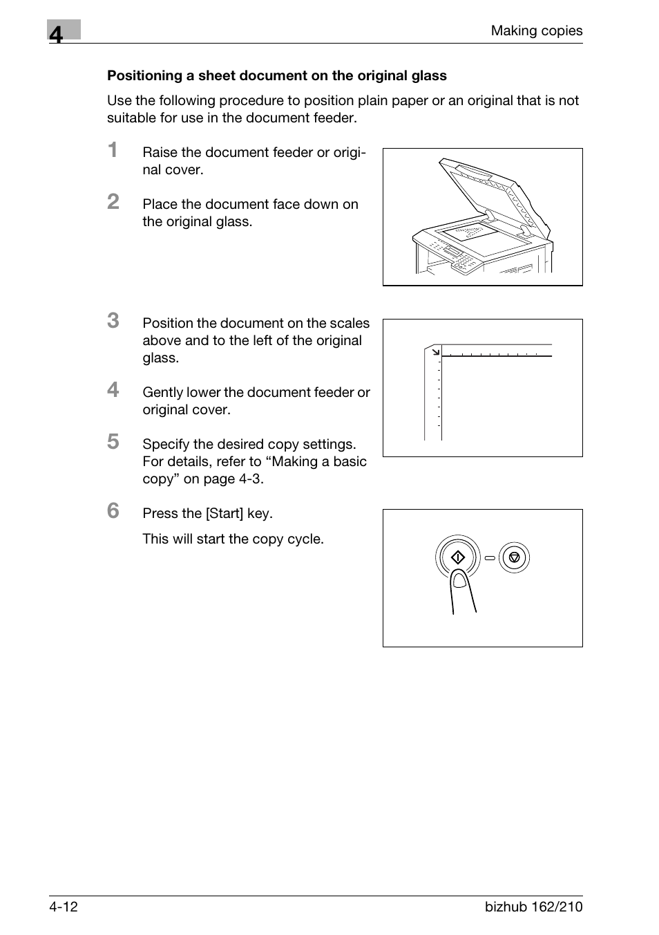 Positioning a sheet document on the original glass, Nt. (p. 4-12, E glass. (p. 4-12) | Konica Minolta BIZHUB 210 User Manual | Page 116 / 256