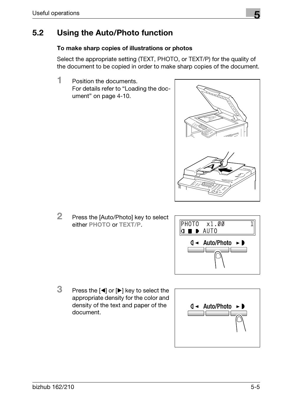 2 using the auto/photo function, To make sharp copies of illustrations or photos, Using the auto/photo function -5 | To make sharp copies of illustrations or photos -5 | Konica Minolta BIZHUB 210 User Manual | Page 131 / 256