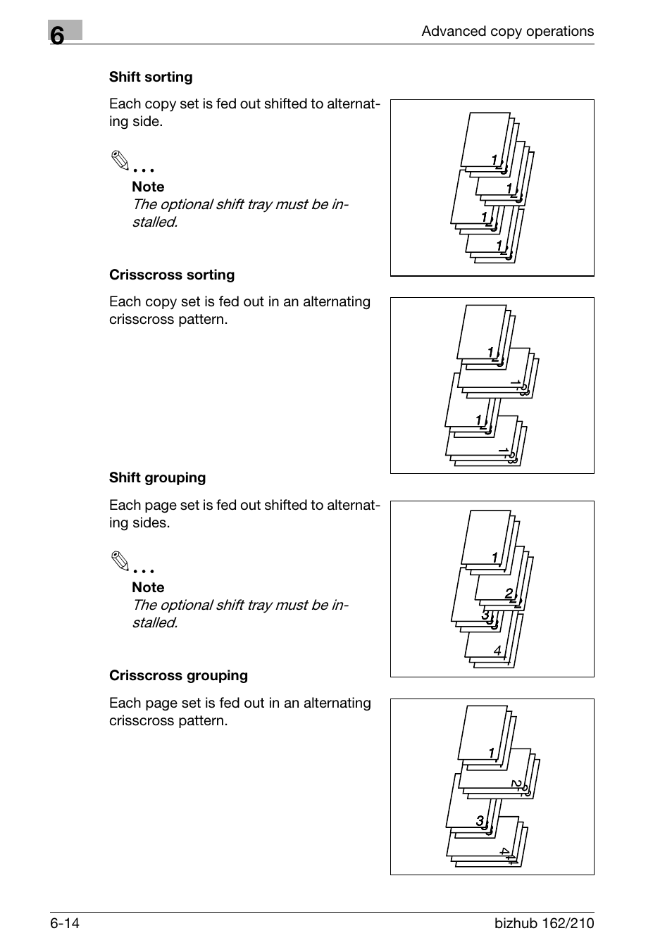 Shift sorting, Crisscross sorting, Shift grouping | Crisscross grouping | Konica Minolta BIZHUB 210 User Manual | Page 158 / 256