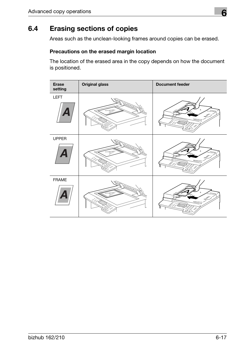4 erasing sections of copies, Precautions on the erased margin location, Erasing sections of copies -17 | Precautions on the erased margin location -17 | Konica Minolta BIZHUB 210 User Manual | Page 161 / 256