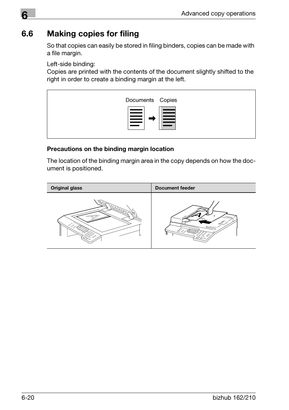 6 making copies for filing, Precautions on the binding margin location, Making copies for filing -20 | Precautions on the binding margin location -20 | Konica Minolta BIZHUB 210 User Manual | Page 164 / 256