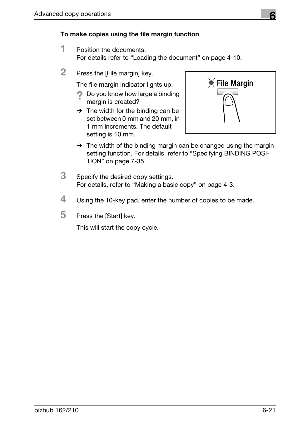 To make copies using the file margin function, To make copies using the file margin function -21 | Konica Minolta BIZHUB 210 User Manual | Page 165 / 256