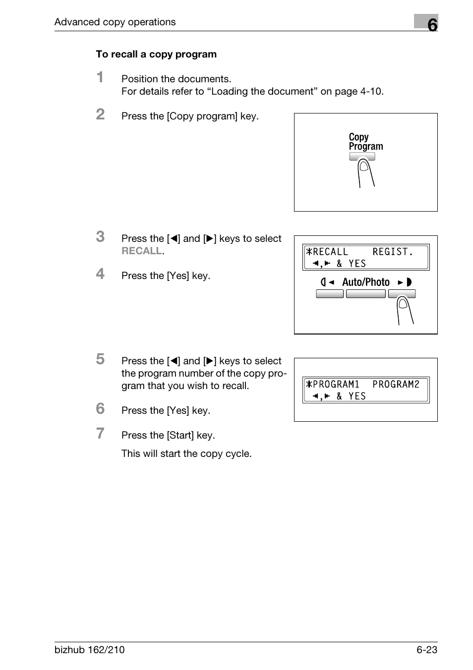 To recall a copy program, To recall a copy program -23 | Konica Minolta BIZHUB 210 User Manual | Page 167 / 256