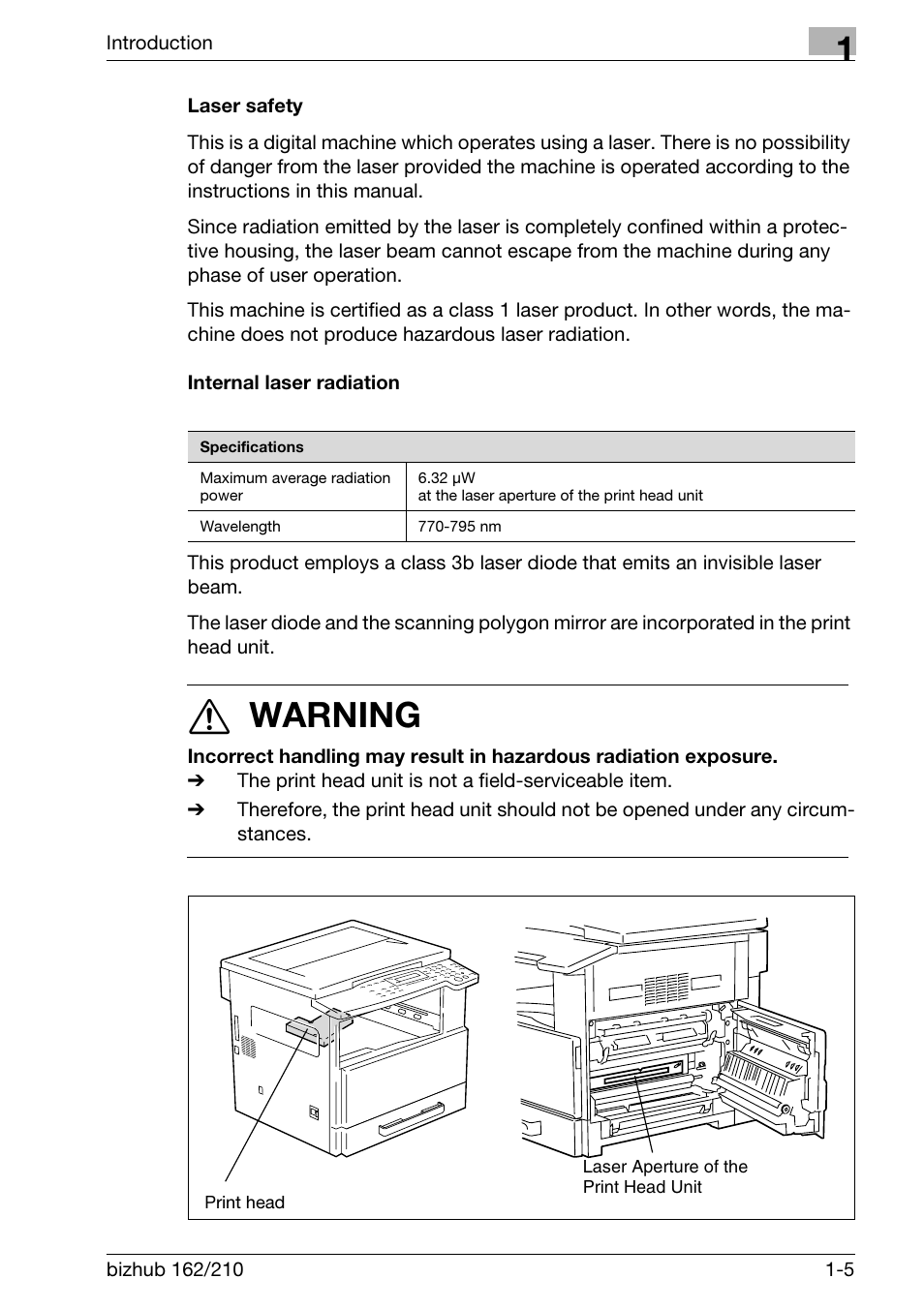Laser safety, Internal laser radiation, Laser safety -5 internal laser radiation -5 | 7 warning | Konica Minolta BIZHUB 210 User Manual | Page 17 / 256