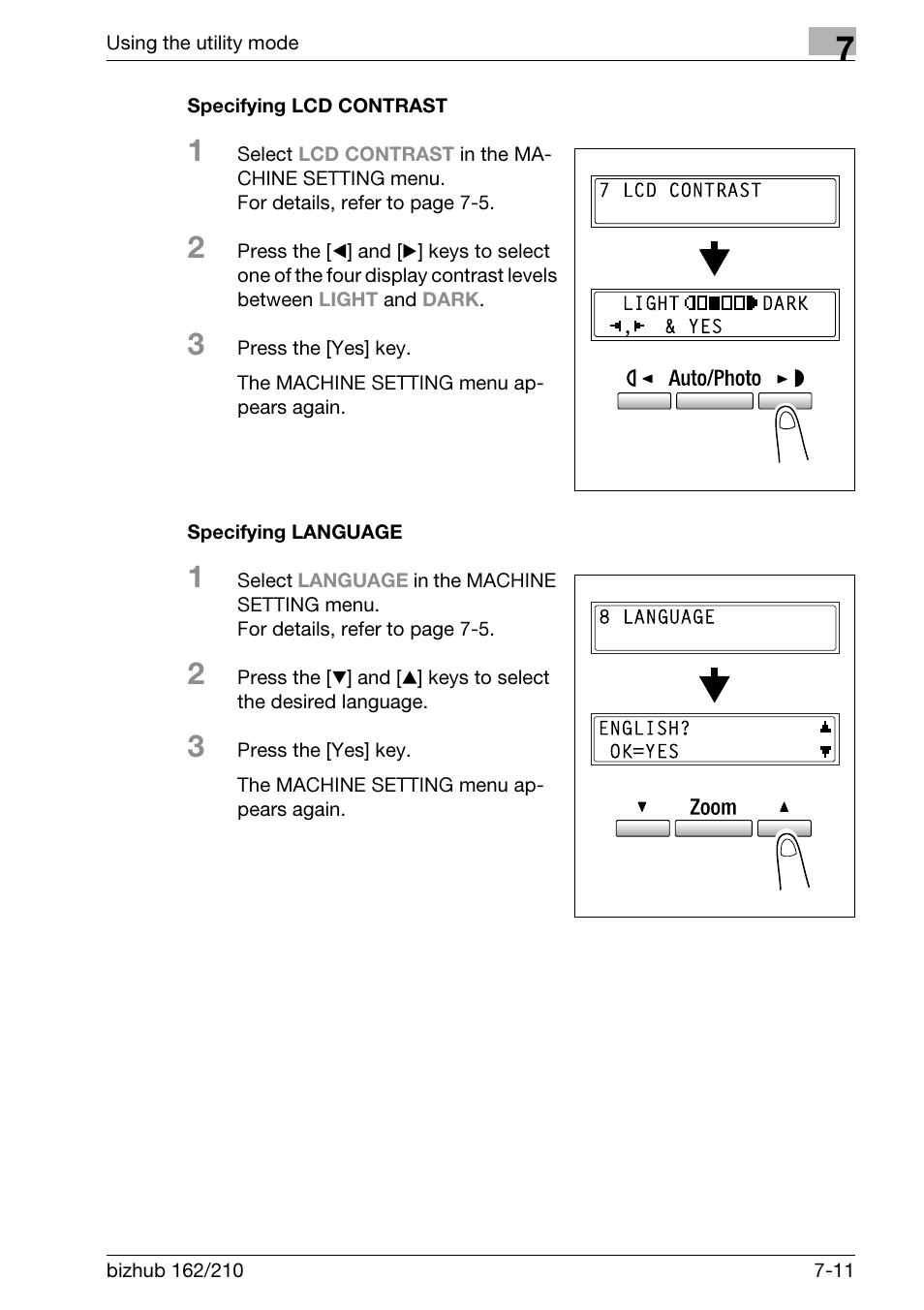 Specifying lcd contrast, Specifying language | Konica Minolta BIZHUB 210 User Manual | Page 179 / 256