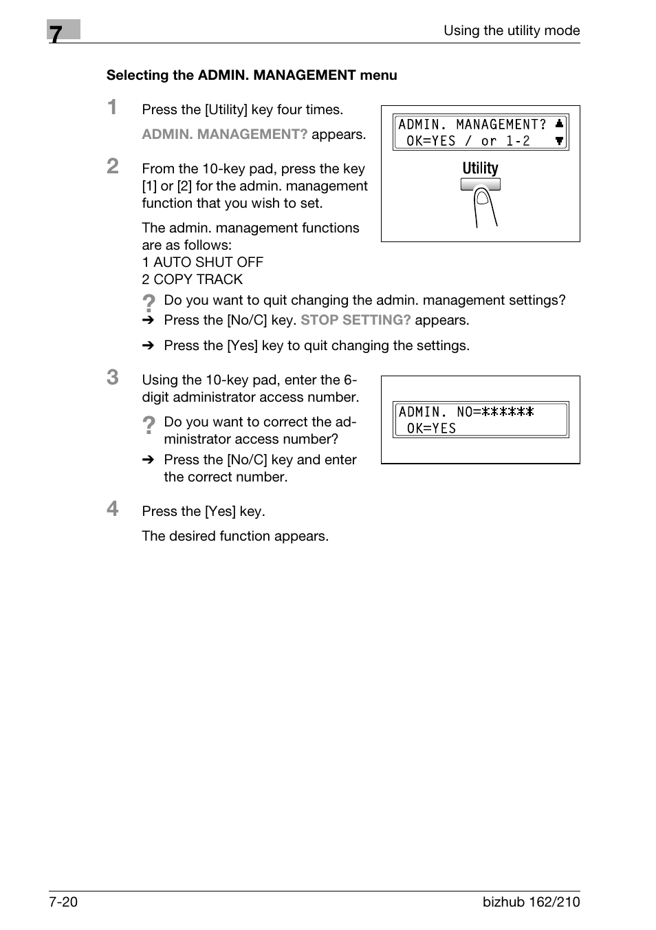 Selecting the admin. management menu, Selecting the admin. management menu -20 | Konica Minolta BIZHUB 210 User Manual | Page 188 / 256