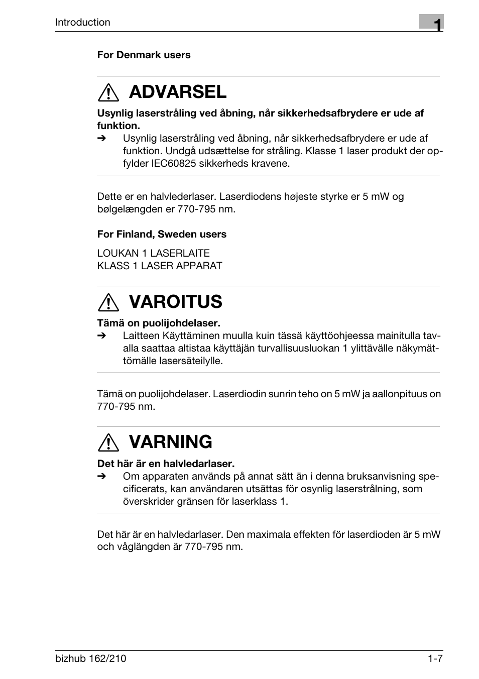 For denmark users, For finland, sweden users, For denmark users -7 for finland, sweden users -7 | 7 advarsel, 7 varoitus, 7 varning | Konica Minolta BIZHUB 210 User Manual | Page 19 / 256