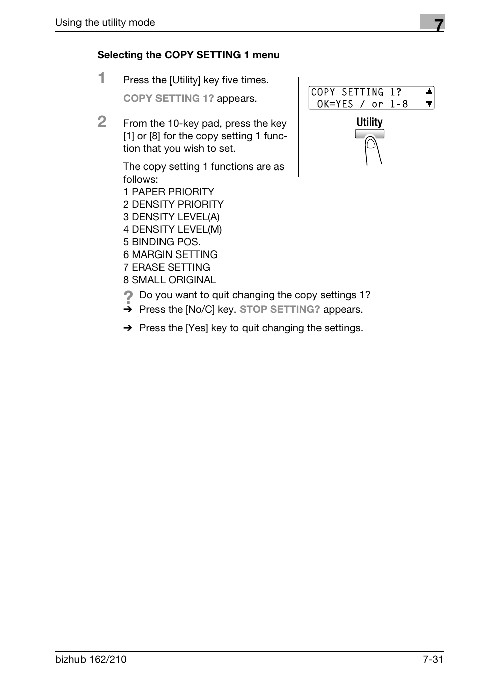 Selecting the copy setting 1 menu, Selecting the copy setting 1 menu -31 | Konica Minolta BIZHUB 210 User Manual | Page 199 / 256