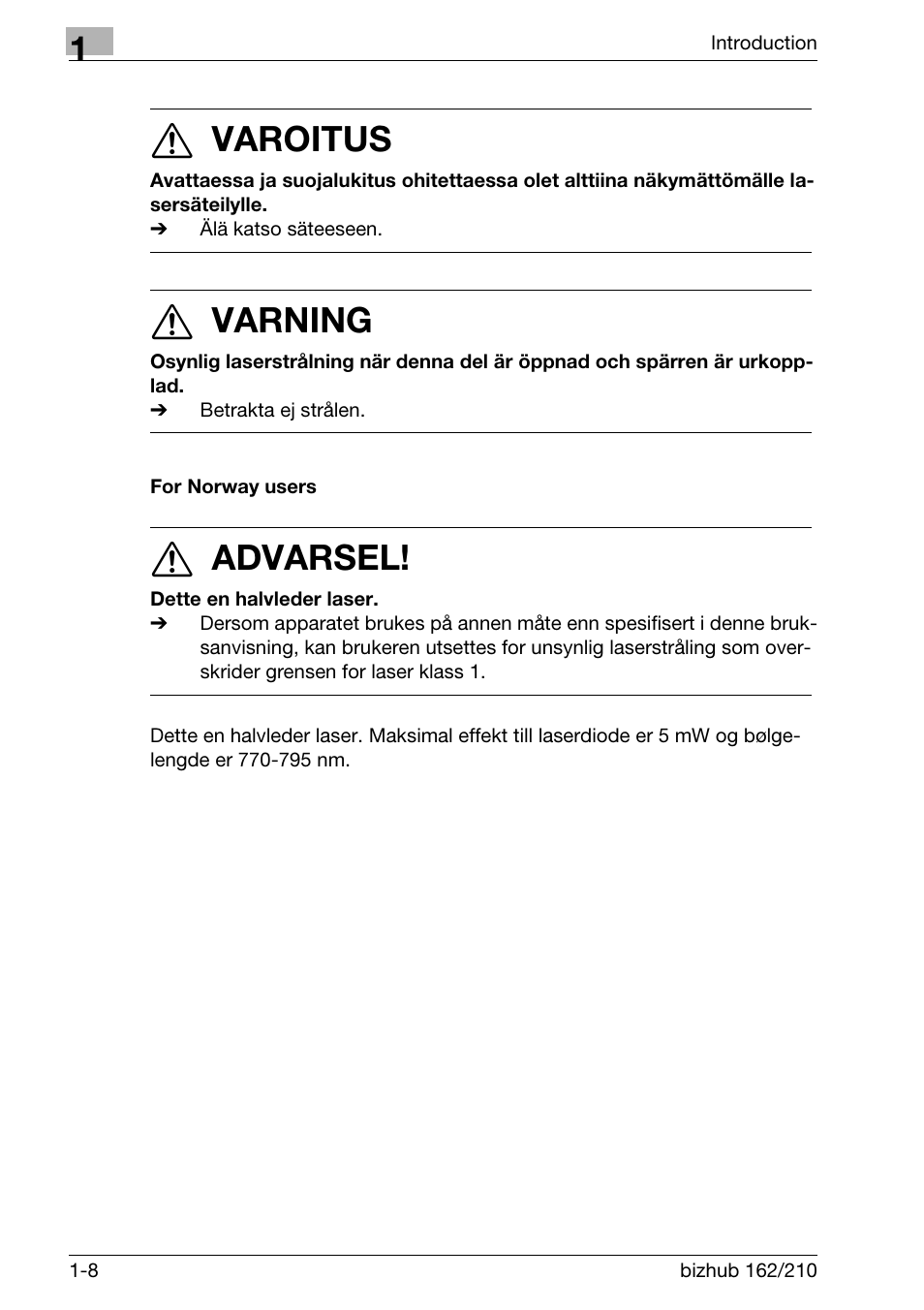 For norway users, For norway users -8, 7 varoitus | 7 varning, 7 advarsel | Konica Minolta BIZHUB 210 User Manual | Page 20 / 256