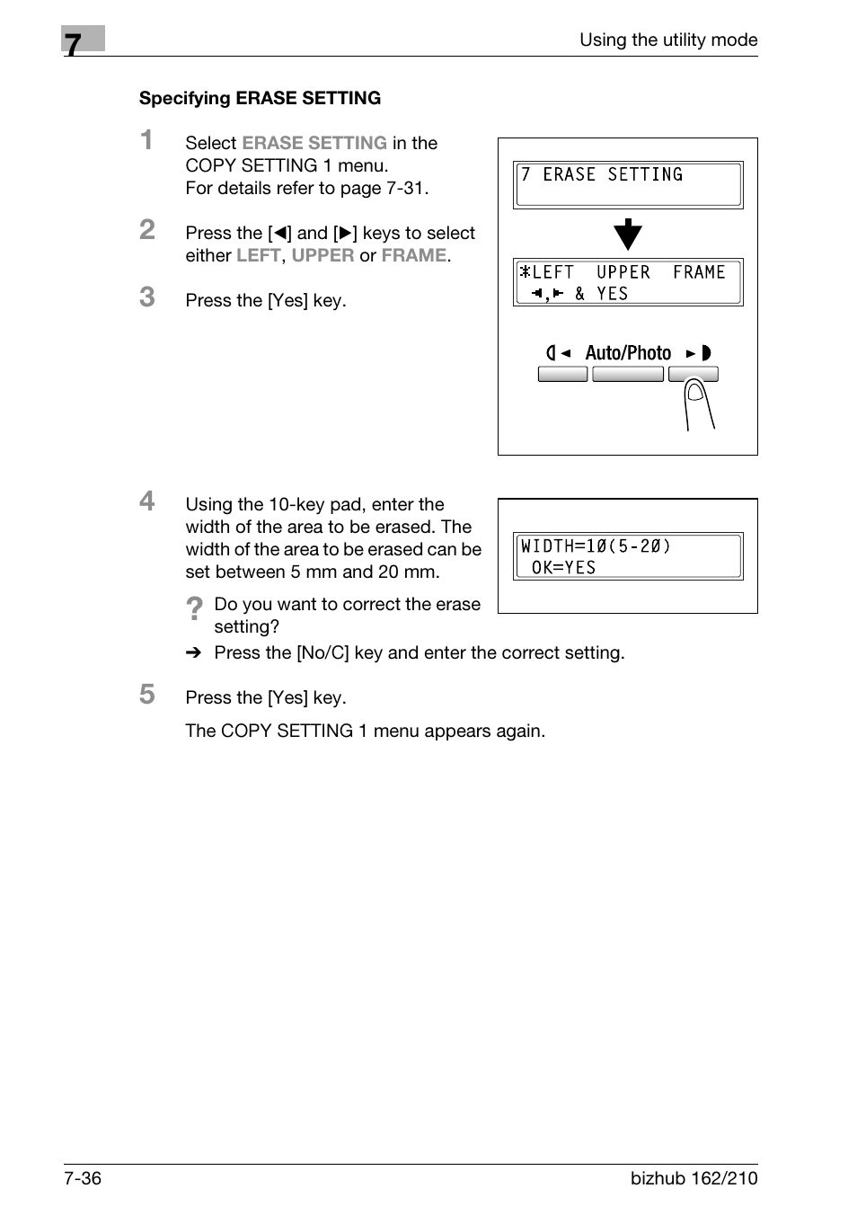 Specifying erase setting, Specifying erase setting -36 | Konica Minolta BIZHUB 210 User Manual | Page 204 / 256