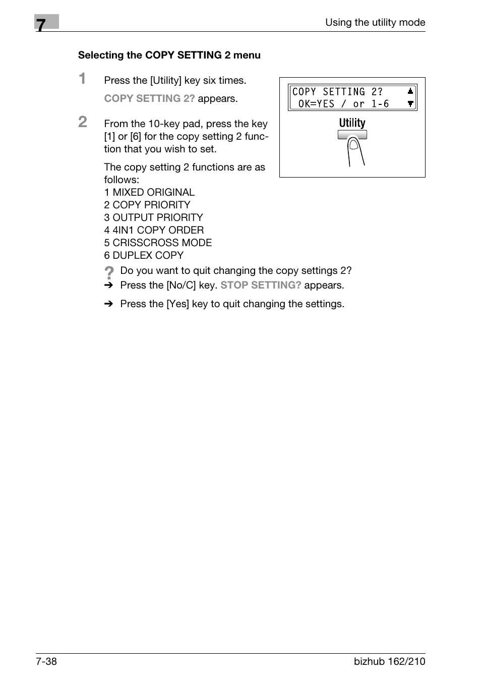 Selecting the copy setting 2 menu, Selecting the copy setting 2 menu -38 | Konica Minolta BIZHUB 210 User Manual | Page 206 / 256