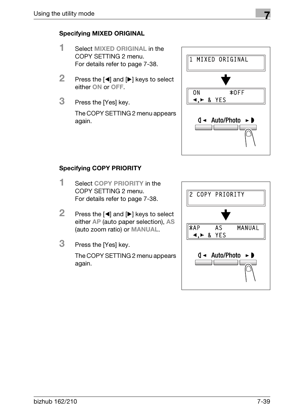 Specifying mixed original, Specifying copy priority | Konica Minolta BIZHUB 210 User Manual | Page 207 / 256