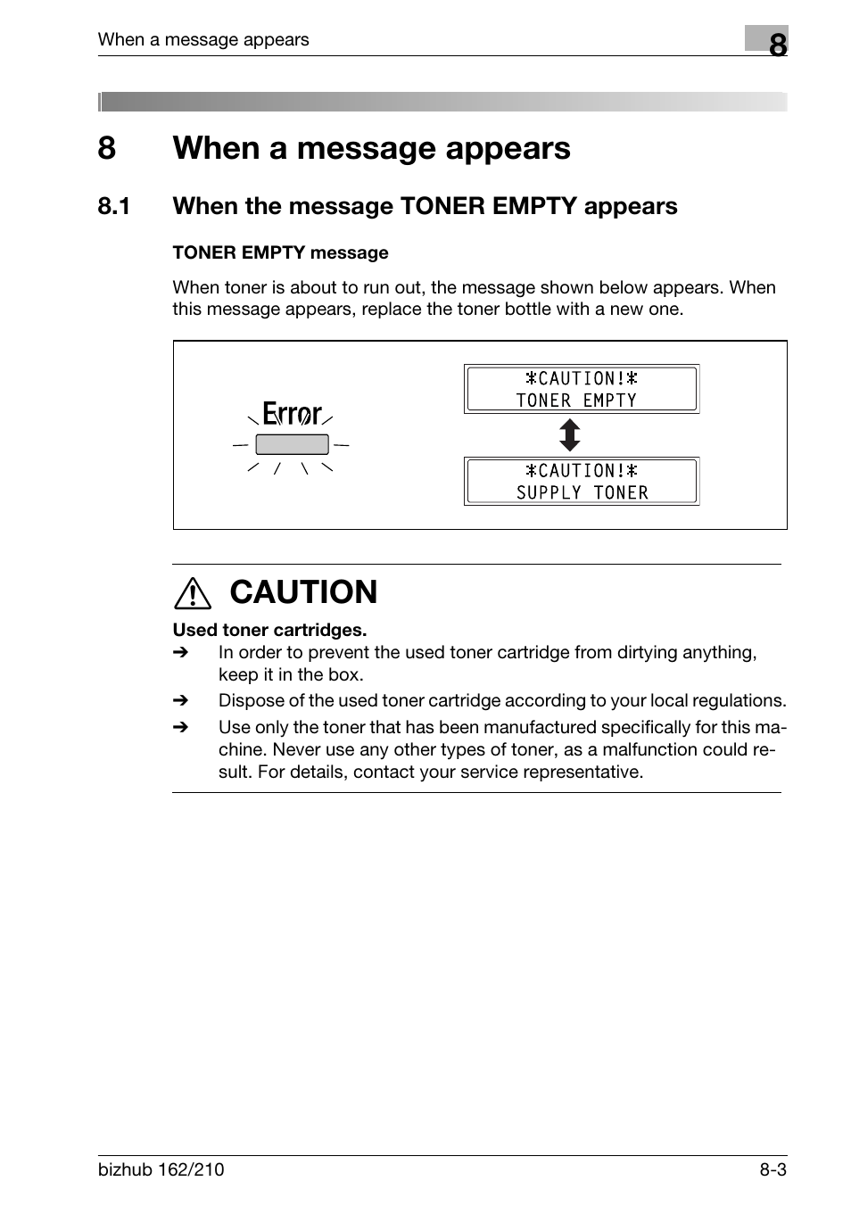 8 when a message appears, 1 when the message toner empty appears, Toner empty message | When a message appears, When the message toner empty appears -3, Toner empty message -3, 8when a message appears, 7 caution | Konica Minolta BIZHUB 210 User Manual | Page 213 / 256