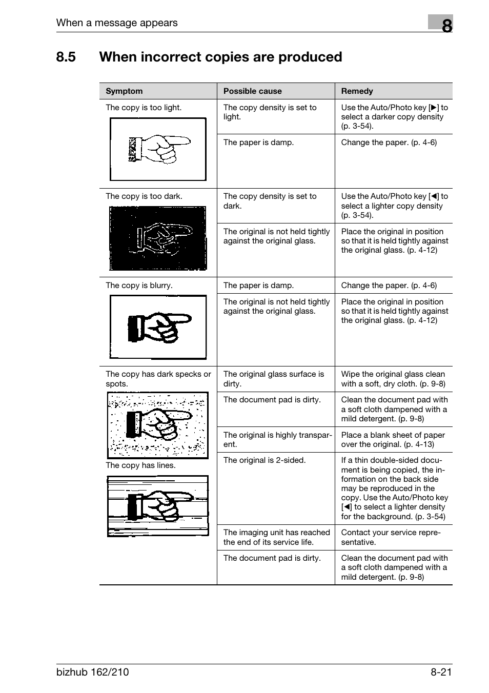 5 when incorrect copies are produced, When incorrect copies are produced -21, When a message appears | Konica Minolta BIZHUB 210 User Manual | Page 231 / 256