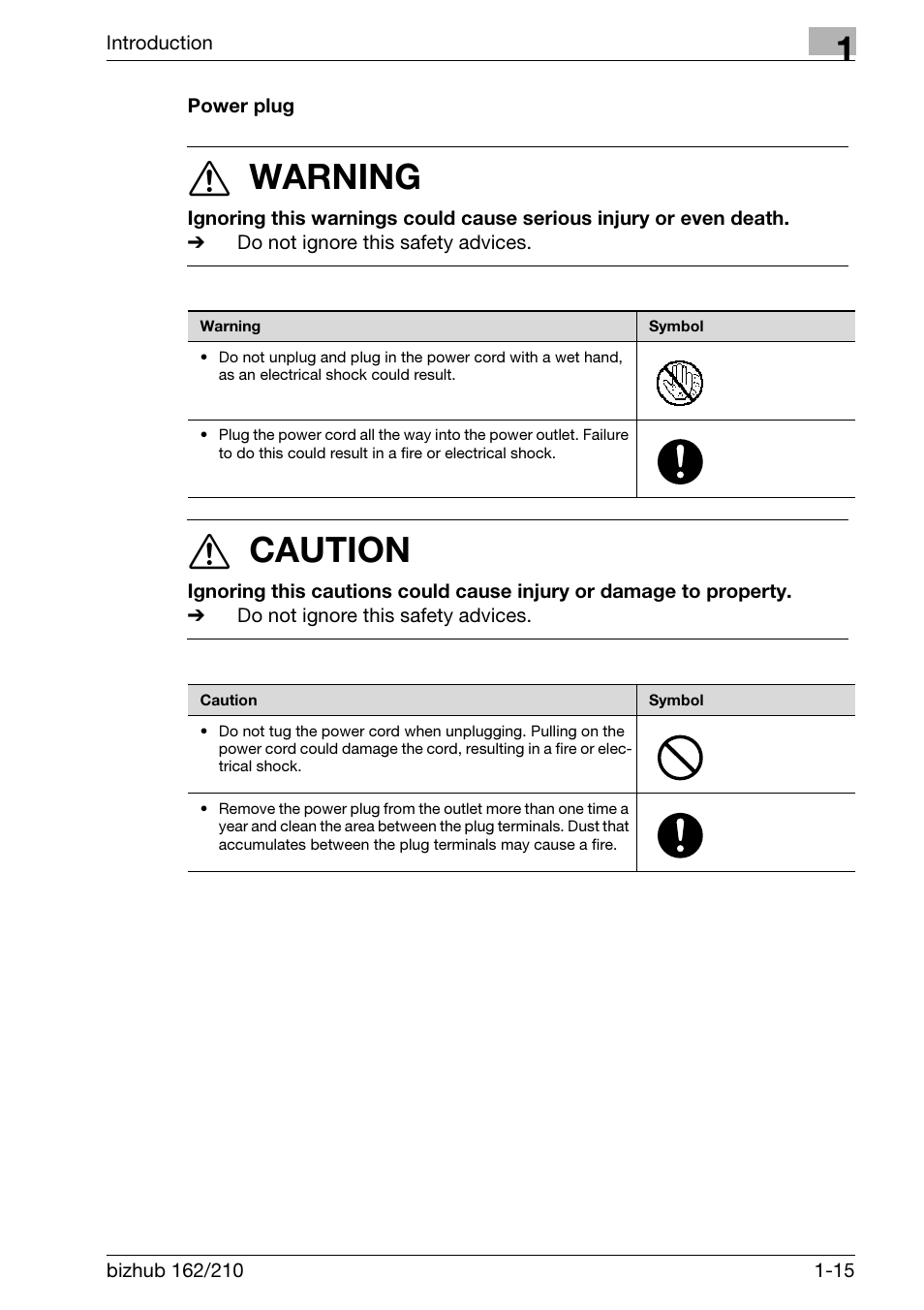 Power plug, Power plug -15, 7 warning | 7 caution | Konica Minolta BIZHUB 210 User Manual | Page 27 / 256