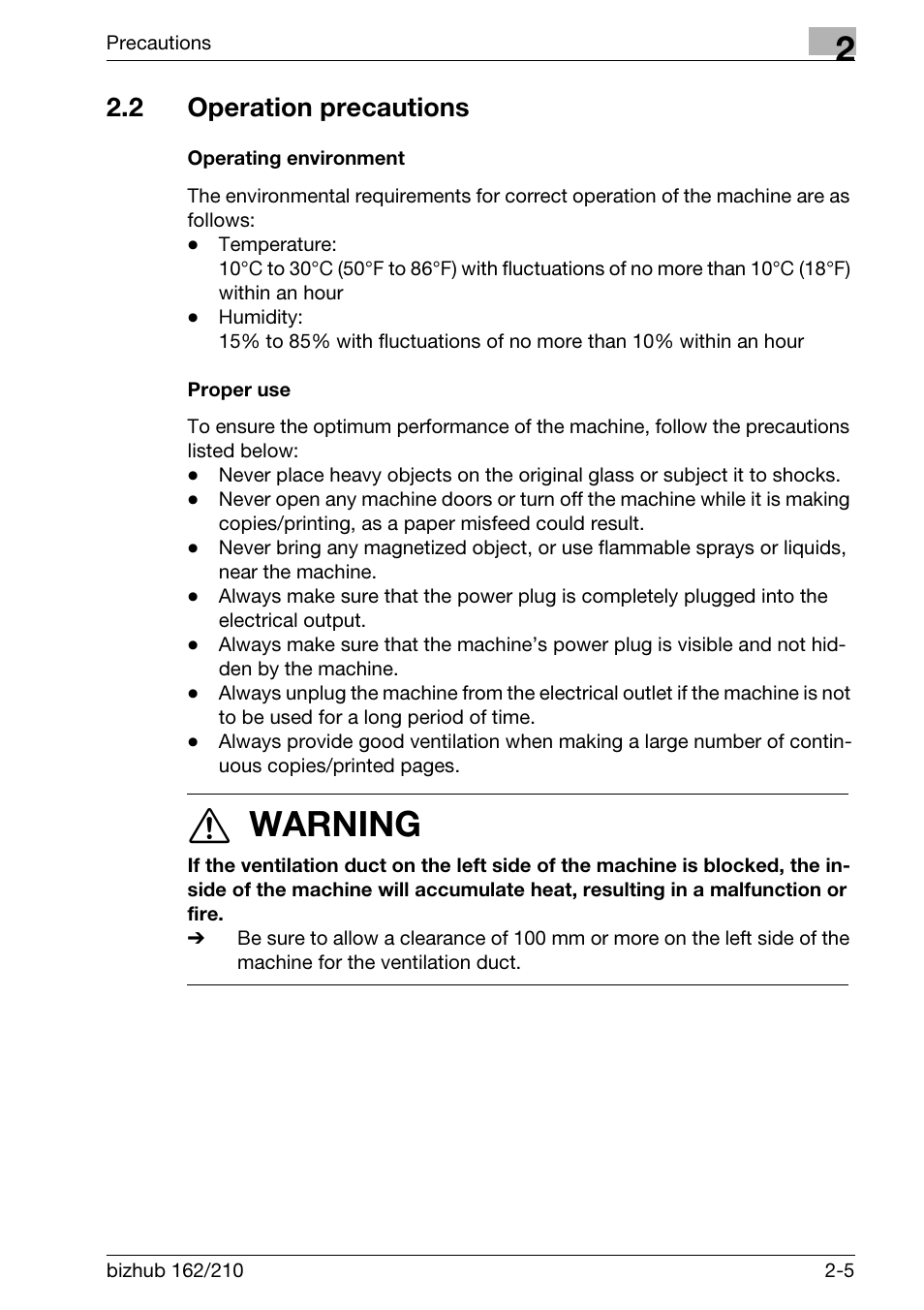 2 operation precautions, Operating environment, Proper use | Operation precautions -5, Operating environment -5 proper use -5, 7 warning | Konica Minolta BIZHUB 210 User Manual | Page 43 / 256