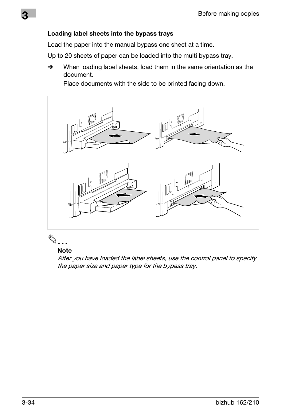 Loading label sheets into the bypass trays, Loading label sheets into the bypass trays -34 | Konica Minolta BIZHUB 210 User Manual | Page 80 / 256