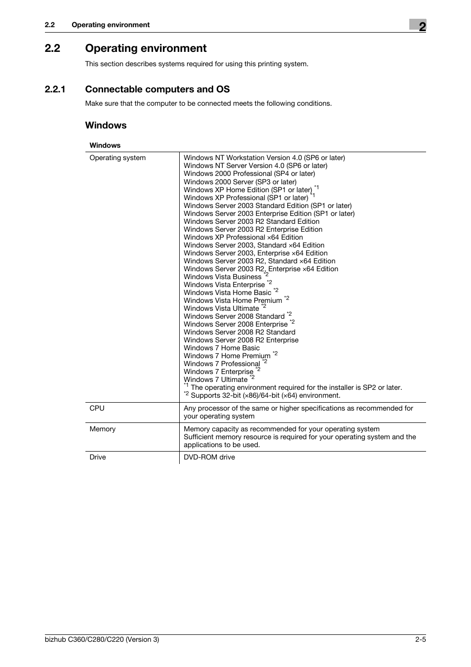 2 operating environment, 1 connectable computers and os, Windows | Operating environment -5, Connectable computers and os -5 windows -5 | Konica Minolta BIZHUB C280 User Manual | Page 15 / 78