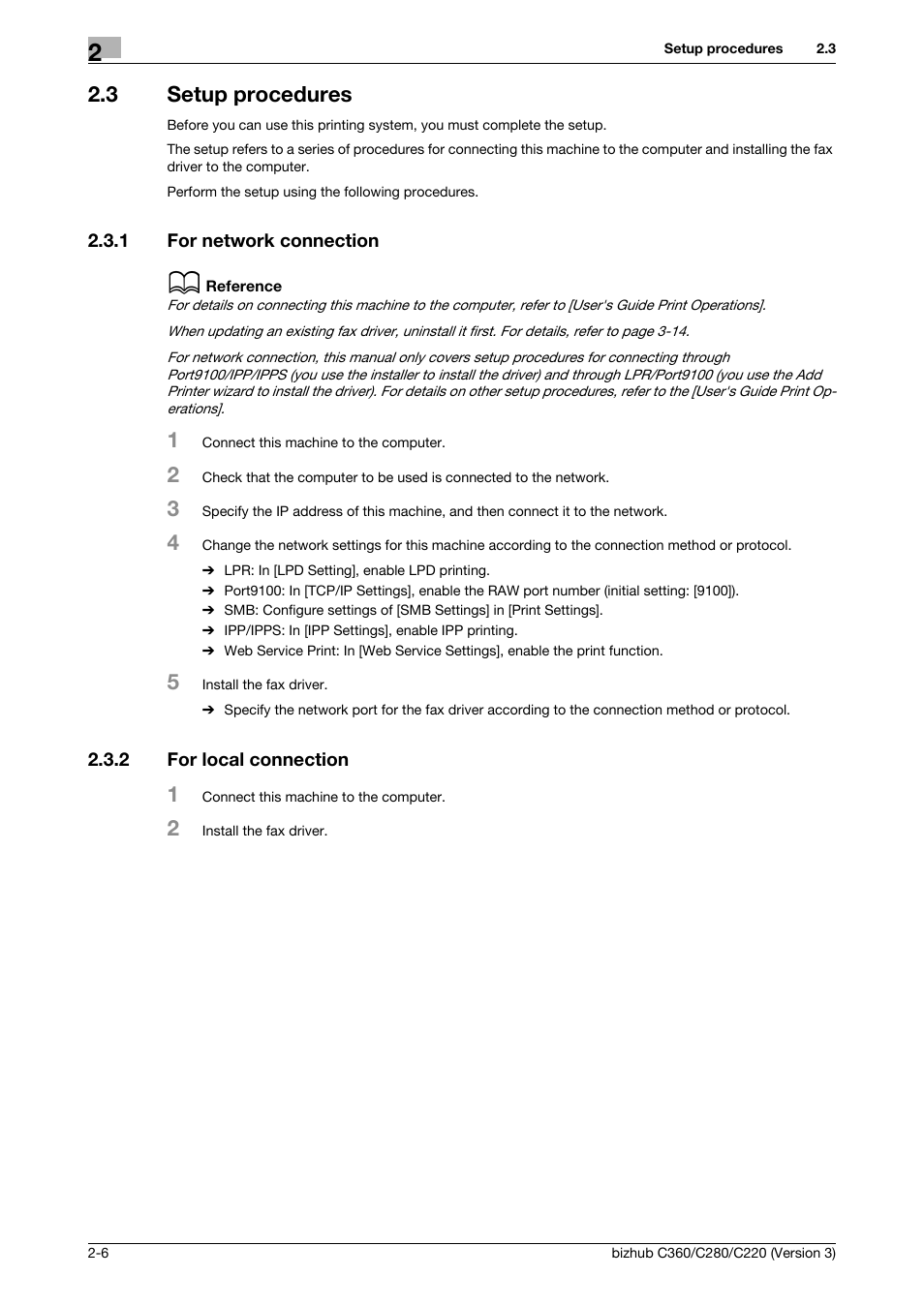 3 setup procedures, 1 for network connection, 2 for local connection | Setup procedures -6, For network connection -6, For local connection -6 | Konica Minolta BIZHUB C280 User Manual | Page 16 / 78