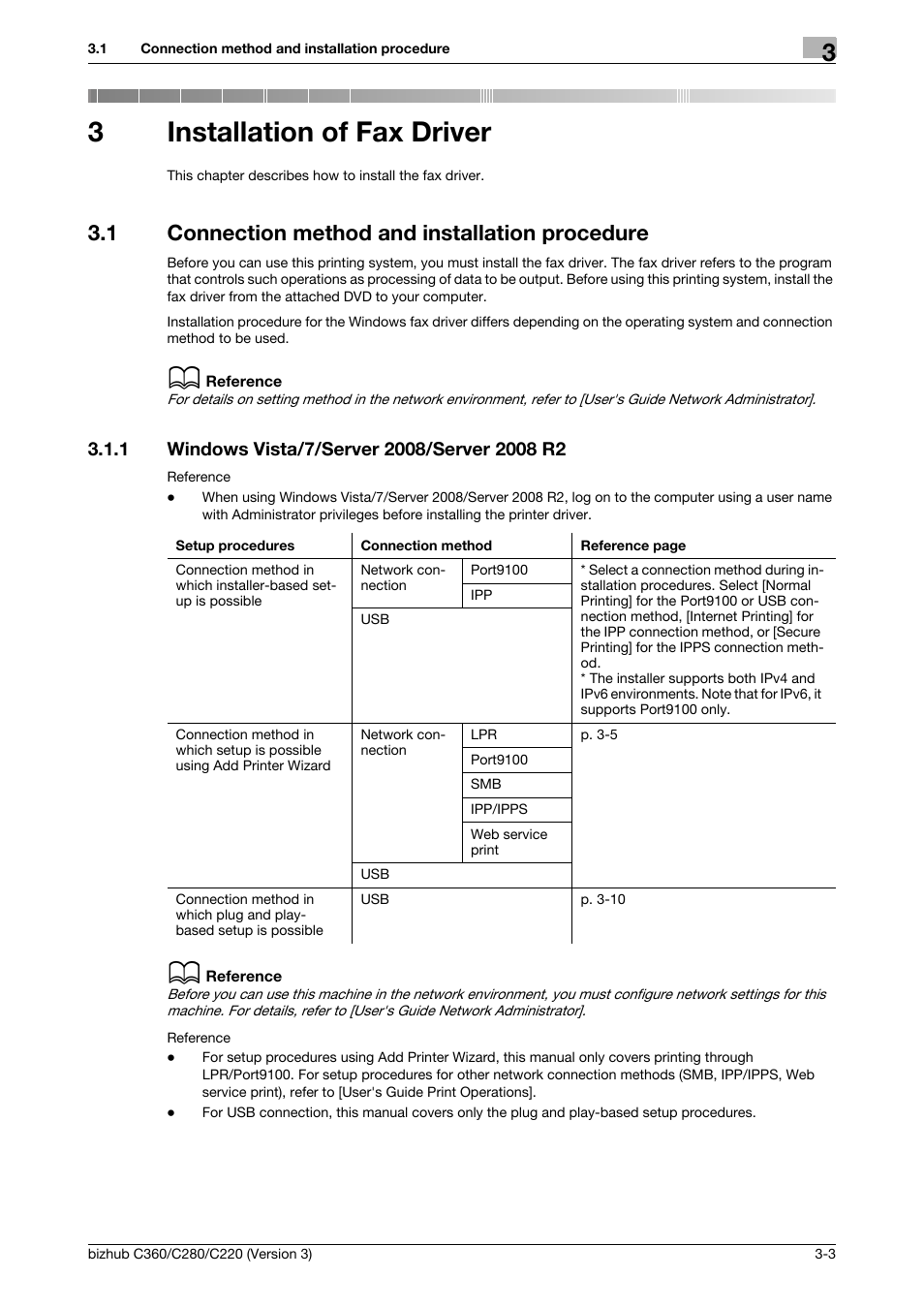 3 installation of fax driver, 1 connection method and installation procedure, 1 windows vista/7/server 2008/server 2008 r2 | Installation of fax driver, Connection method and installation procedure -3, Windows vista/7/server 2008/server 2008 r2 -3, 3installation of fax driver | Konica Minolta BIZHUB C280 User Manual | Page 19 / 78