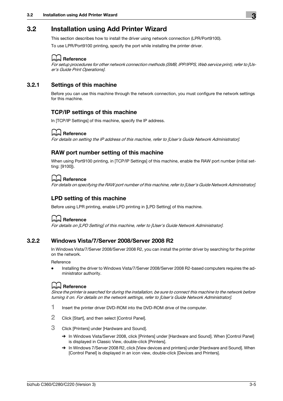 2 installation using add printer wizard, 1 settings of this machine, Tcp/ip settings of this machine | Raw port number setting of this machine, Lpd setting of this machine, 2 windows vista/7/server 2008/server 2008 r2, Installation using add printer wizard -5, Windows vista/7/server 2008/server 2008 r2 -5 | Konica Minolta BIZHUB C280 User Manual | Page 21 / 78