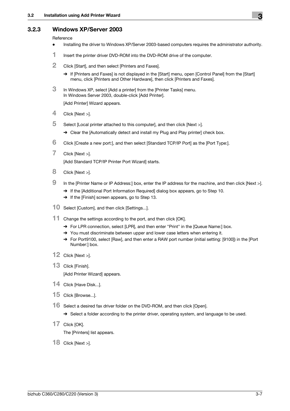 3 windows xp/server 2003, Windows xp/server 2003 -7, P. 3-7 | Konica Minolta BIZHUB C280 User Manual | Page 23 / 78