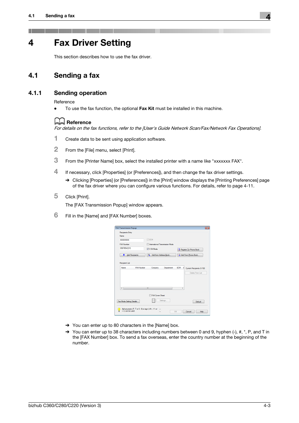 4 fax driver setting, 1 sending a fax, 1 sending operation | Fax driver setting, Sending a fax -3, Sending operation -3, 4fax driver setting | Konica Minolta BIZHUB C280 User Manual | Page 35 / 78