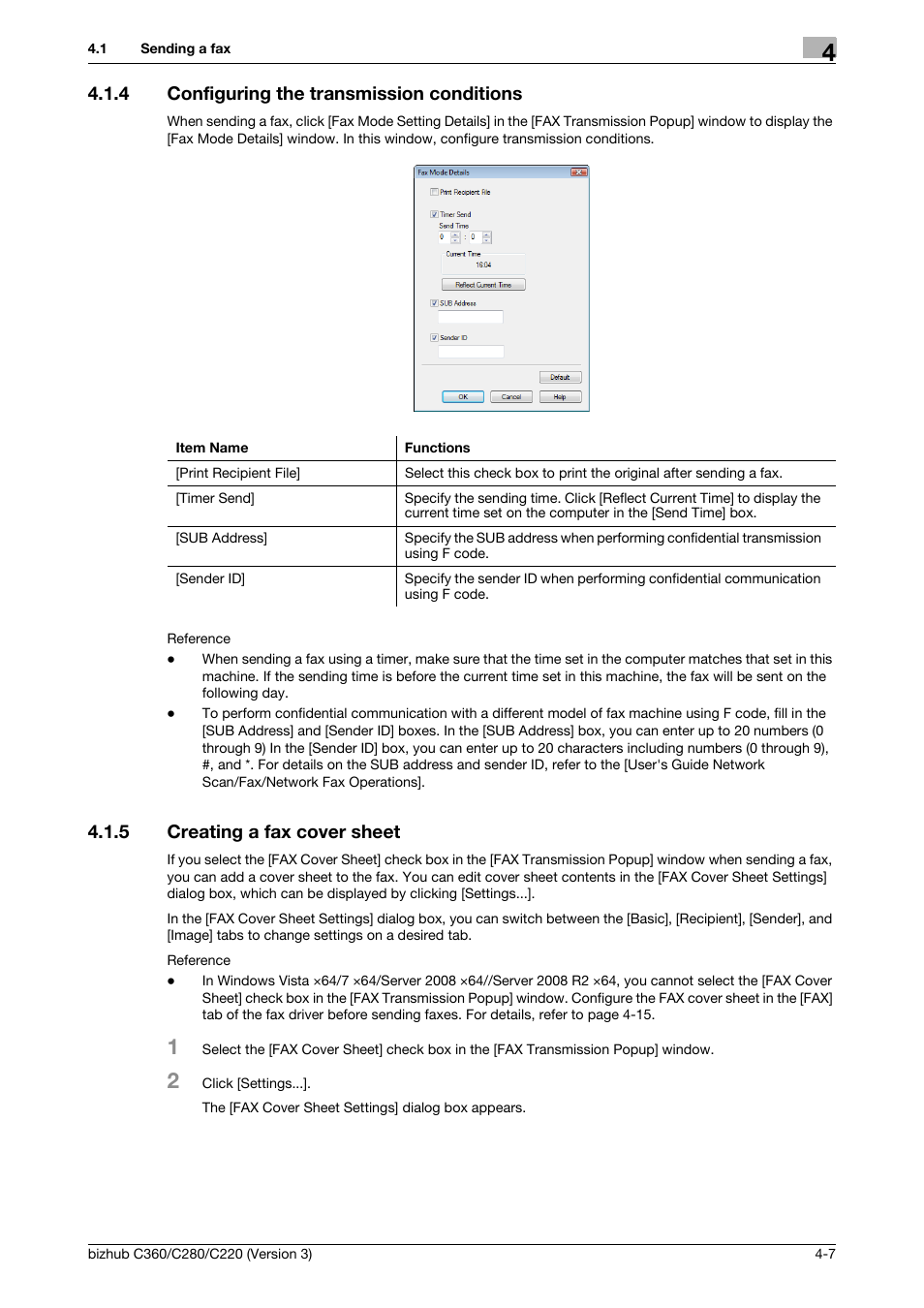 4 configuring the transmission conditions, 5 creating a fax cover sheet, Configuring the transmission conditions -7 | Creating a fax cover sheet -7 | Konica Minolta BIZHUB C280 User Manual | Page 39 / 78
