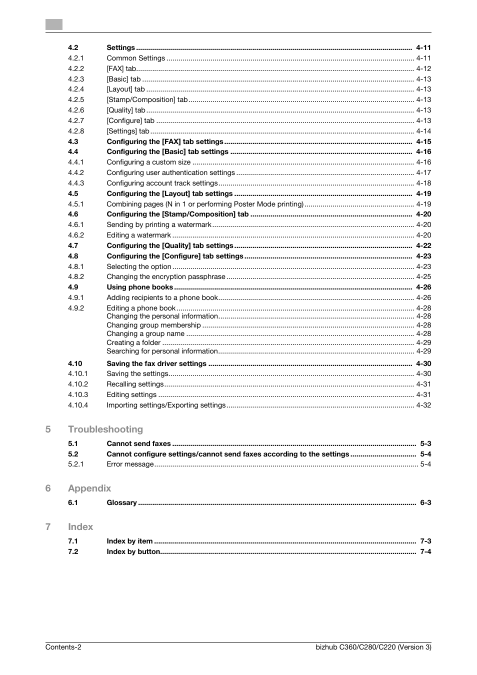 5troubleshooting, 6appendix, 7index | Konica Minolta BIZHUB C280 User Manual | Page 4 / 78